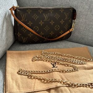 Louis Vuitton Brown Monogram Crossbody Bag with Gold Chain. Pochette Accessories